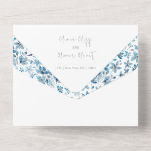 Kleine blauwe bloemen bruiloft all in one uitnodiging