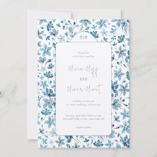 Kleine blauwe bloemen bruiloft kaart (Voorkant)