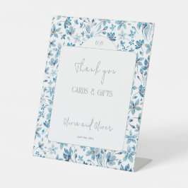 Kleine blauwe bloemen dank je wel reclamebord met voetstuk