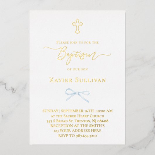 kleine blauwe boog Doop Folie Uitnodiging (Voorkant)