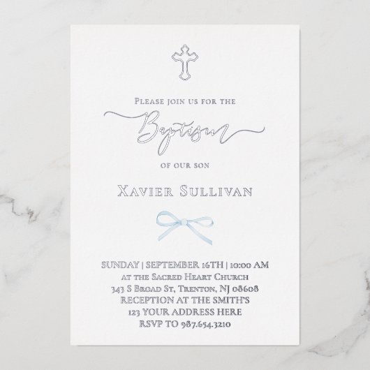 kleine blauwe boog Doop Folie Uitnodiging (Voorkant)