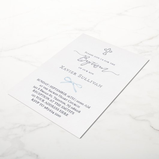 kleine blauwe boog Doop Folie Uitnodiging (Gedraaid)