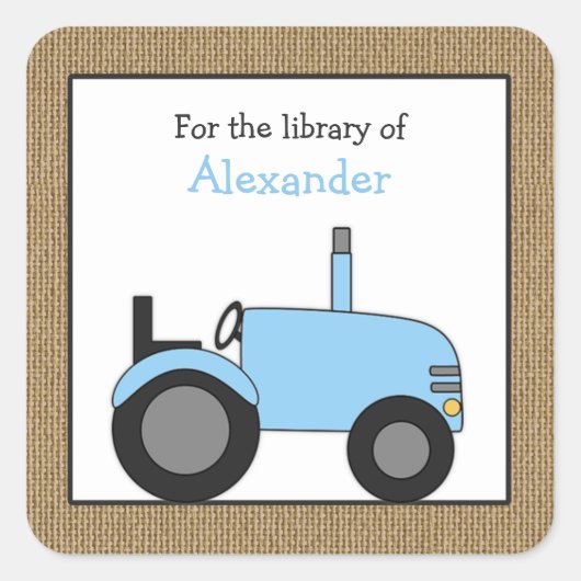 Kleine blauwe tractor bibliotheek bookplate vierkante sticker (Voorkant)