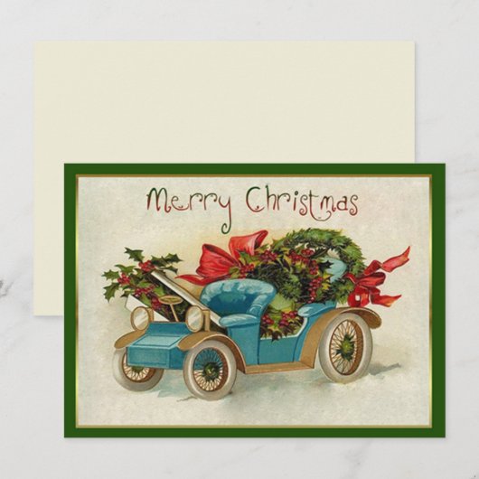 Kleine blauwe vintage auto kerst notitiekaartje (Voorkant / Achterkant)