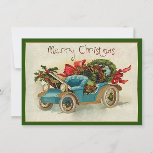 Kleine blauwe vintage auto kerst notitiekaartje (Voorkant)