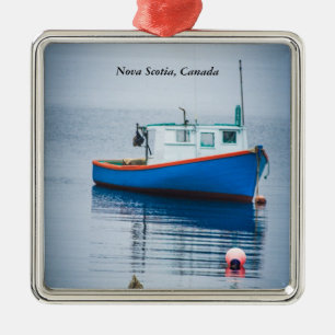 Kleine blauwe Vissende boot Metalen Ornament