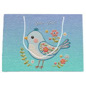 Kleine Blauwe Vogel Bloemen Gift Bag Groot Cadeauzakje (Voorkant)