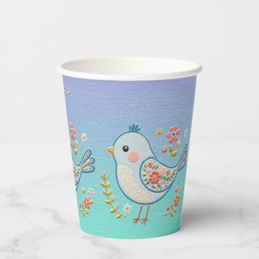 Kleine Blauwe Vogel Bloemen Papieren Kopjes Papieren Bekers (Achterkant)