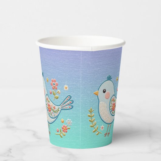 Kleine Blauwe Vogel Bloemen Papieren Kopjes Papieren Bekers (Rechts)