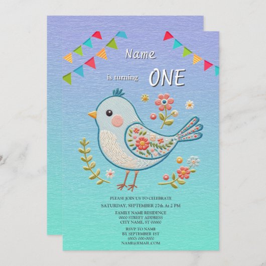 Kleine Blauwe Vogel Bloemen Verjaardagsfeest Uitno Kaart (Voorkant / Achterkant)