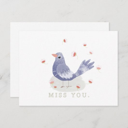 Kleine blauwe vogel en bloemen Miss U Briefkaart (Voorkant / Achterkant)