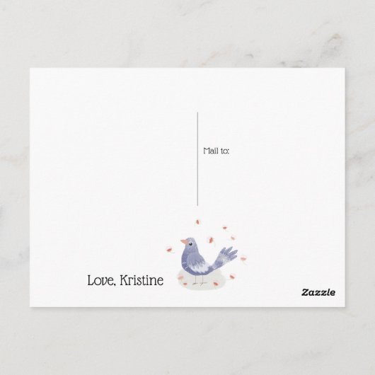 Kleine blauwe vogel en bloemen Miss U Briefkaart (Achterkant)