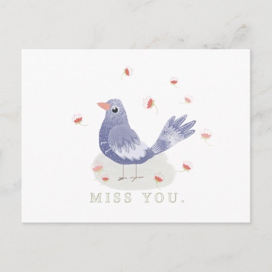 Kleine blauwe vogel en bloemen Miss U Briefkaart (Voorkant)