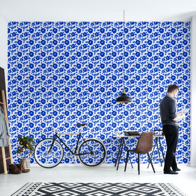 Kleine blauwe witte rozen wandbekleding behang (Woonkamer)