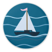 Kleine blauwe zeilboot keramische knop (Voorkant)