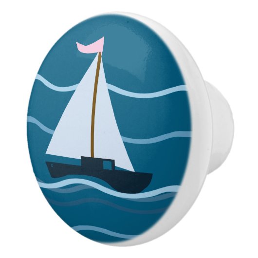 Kleine blauwe zeilboot keramische knop (Rechts)