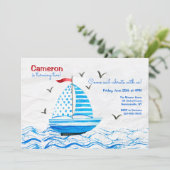 Kleine blauwe zeilboot verjaardag kaart (Staand voorkant)