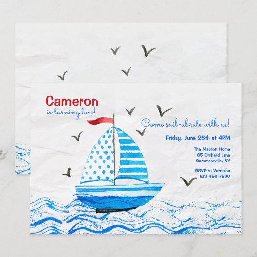 Kleine blauwe zeilboot verjaardag kaart (Voorkant / Achterkant)