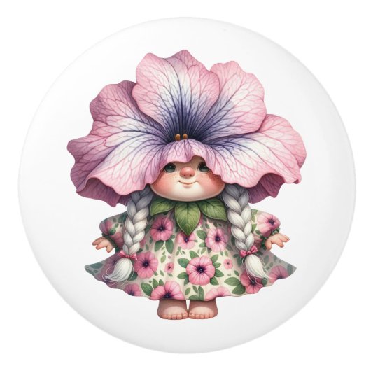  kleine bloemenmeisje gnoom keramische knop (Voorkant)