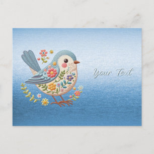 Kleine bloemrijke borduurwerk vogel blauwe ansicht briefkaart