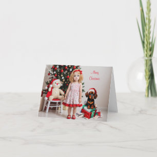 Kleine Blondine Meisje met Dachshund Kerstmis Kaart