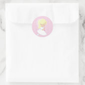 Kleine Blondine Meisje, Roze, Eerste Communie Ronde Sticker (Tas)