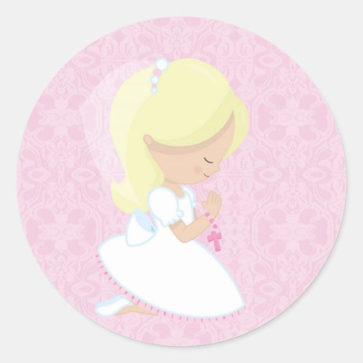 Kleine Blondine Meisje, Roze, Eerste Communie Ronde Sticker (Voorkant)