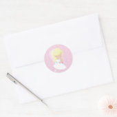 Kleine Blondine Meisje, Roze, Eerste Communie Ronde Sticker (Envelop)
