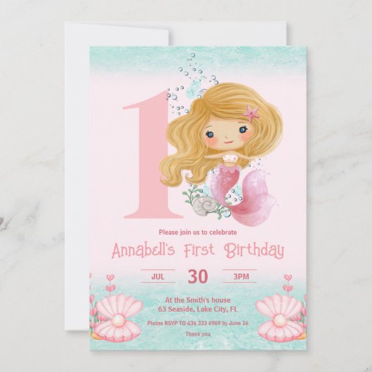 Kleine Blondine Zeemeermin Roze 1e Verjaardag Uitn Kaart (Voorkant)