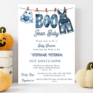 Kleine Boo Blauwe Jean Jongen Halloween Baby Borre Kaart
