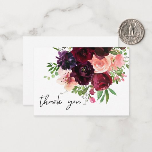 Kleine Bourgogne & Blush Floral Dank u kaart 2 Notitiekaartje (Voorkant / Achterkant in situ)