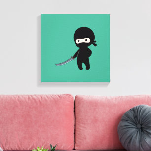 Kleine boze ninja op groen canvas afdruk