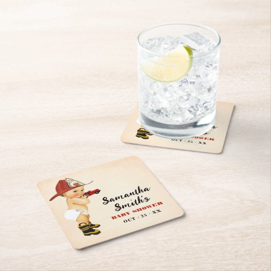 Kleine brandweerman Baby shower Decor Square Kartonnen Onderzetters (Insitu)