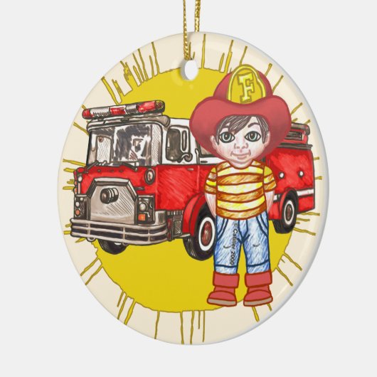 Kleine brandweerman keramisch ornament (Links)