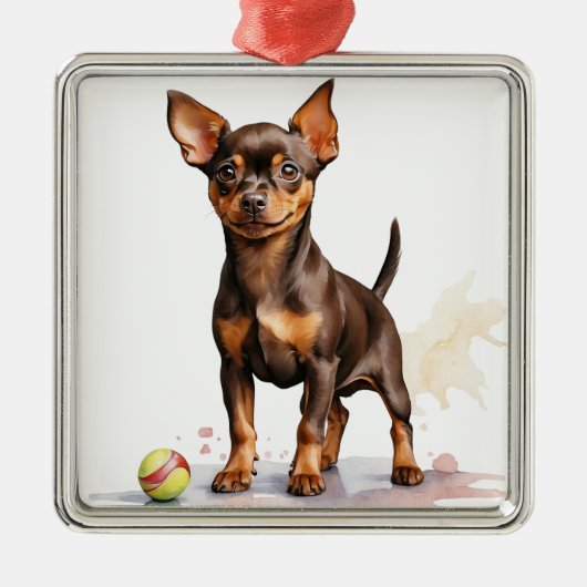 KLEINE BRUINE MINIATUUR PINSCHER HOND METALEN ORNAMENT (Voorkant)
