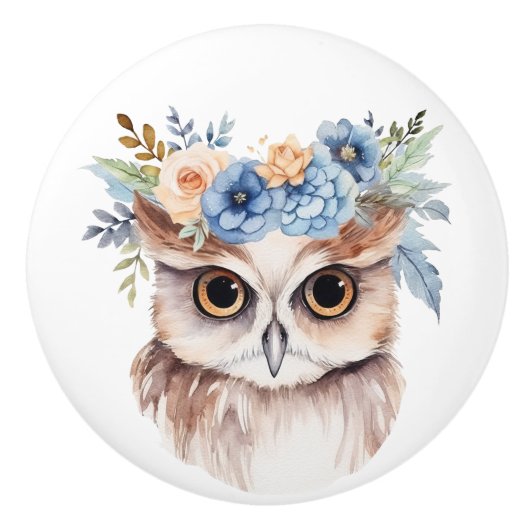 Kleine bruine uil met bloemhoofddeksel keramische knop (Voorkant)