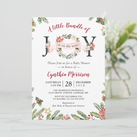 Kleine bundel met JOY kerstFloral Baby shower Kaart (Staand voorkant)