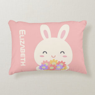 Kleine Bunny Cartoon en bloemen voor meisjes roze Accent Kussen