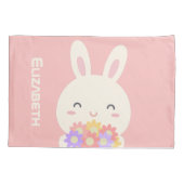 Kleine Bunny Cartoon en bloemen voor meisjes roze Kussensloop (Achterkant)