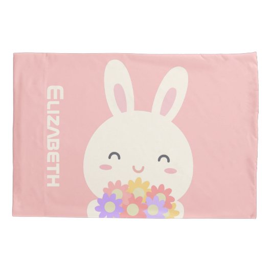 Kleine Bunny Cartoon en bloemen voor meisjes roze Kussensloop (Achterkant)