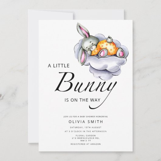 Kleine bunny is onderweg naar baby shower kaart (Voorkant)
