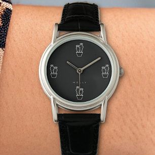 Kleine Cactus Eenvoudige platte zwarte minimalist Horloge