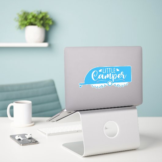 Kleine Camper, Blauwe Caravan, Schattigee Trailer Sticker (Laptop op bureau)