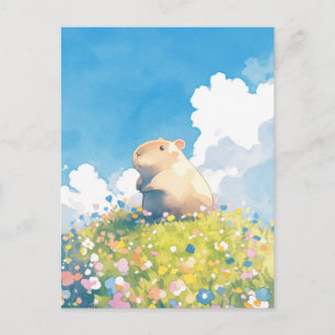 Kleine Capybara in Zonnige Bloemenweide op de Heuv Briefkaart