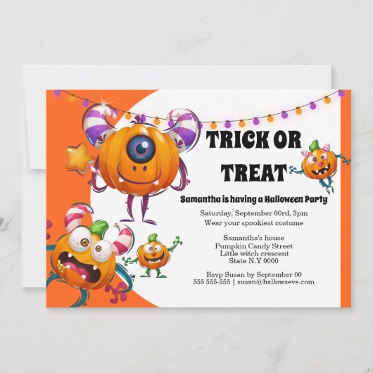 Kleine cartoon monsters kinder halloween partij kaart (Voorkant)