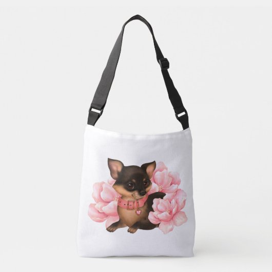 Kleine chihuahua-hond met roze bloemen crossbody tas (Voorkant)