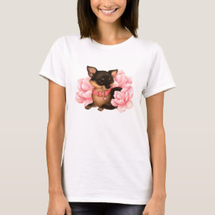 Kleine chihuahua-hond met roze bloemen t-shirt