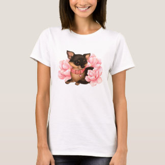 Kleine chihuahua-hond met roze bloemen t-shirt