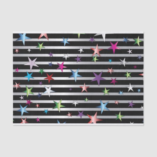 Kleine Confetti sterren op zwarte en zilveren stre Tissuepapier (Voorkant)