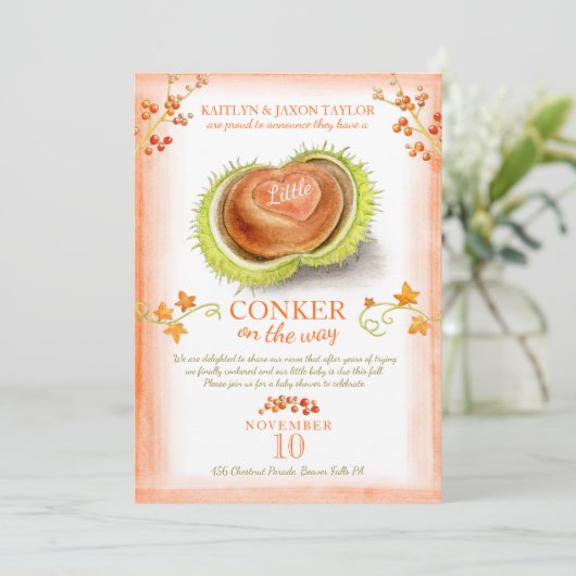 Kleine conker hart waterverf baby shower aankondiging (Staand voorkant)